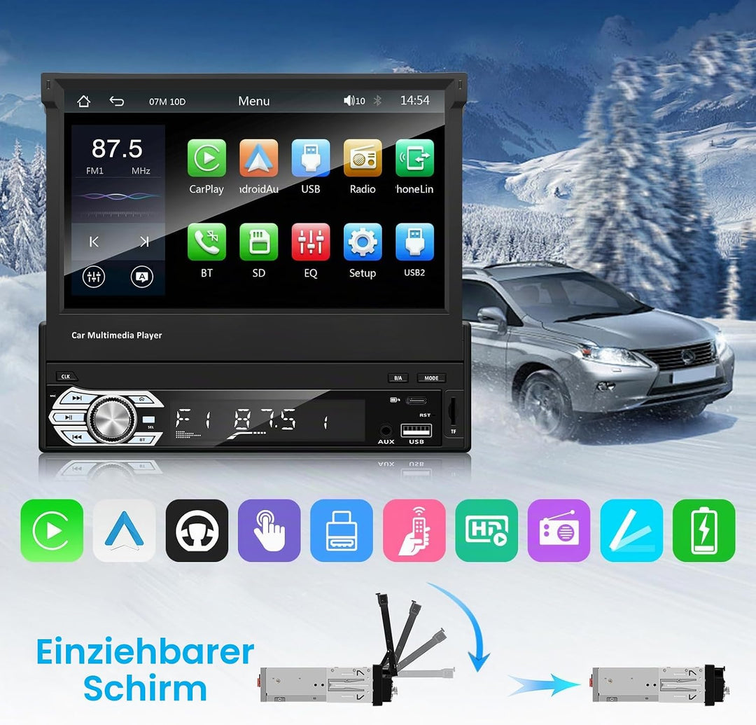 EZoneTronics 7 Zoll Autoradio Flip 1DIN Auto Stereo Play Telefon Musik über USB AM/FM Radio Bluetoot