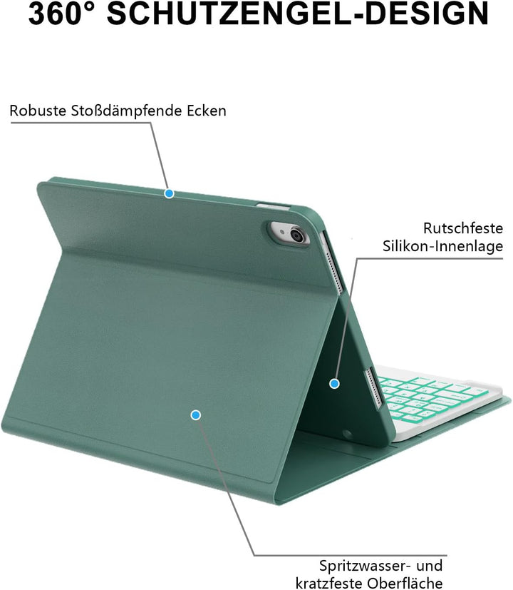 JADEMALL Für iPad Hülle mit DE Tastatur für 11./10. Gen (2025/2022) – 7-Farben Beleuchtete Bluetooth