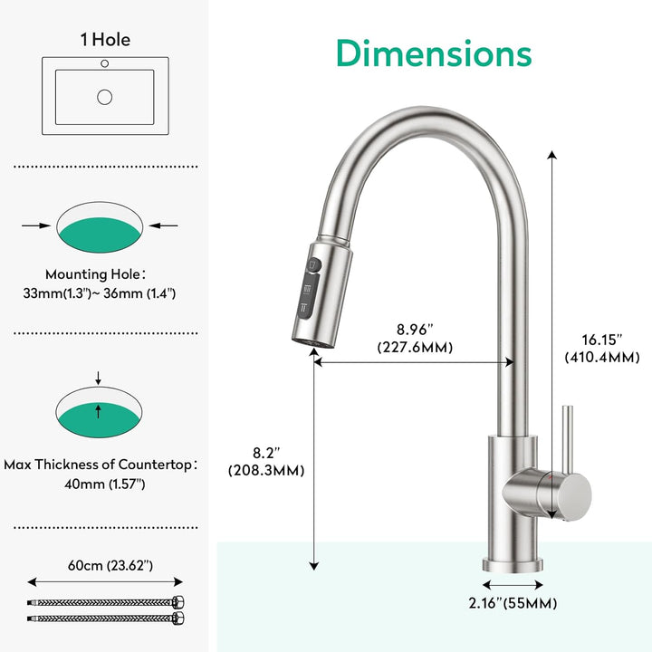 CREA 3 Wege Küchenarmatur mit Brause, Drei Wege Wasserhahn Küche Ausziehbar, 360° Drehbar 3 Wege Mis