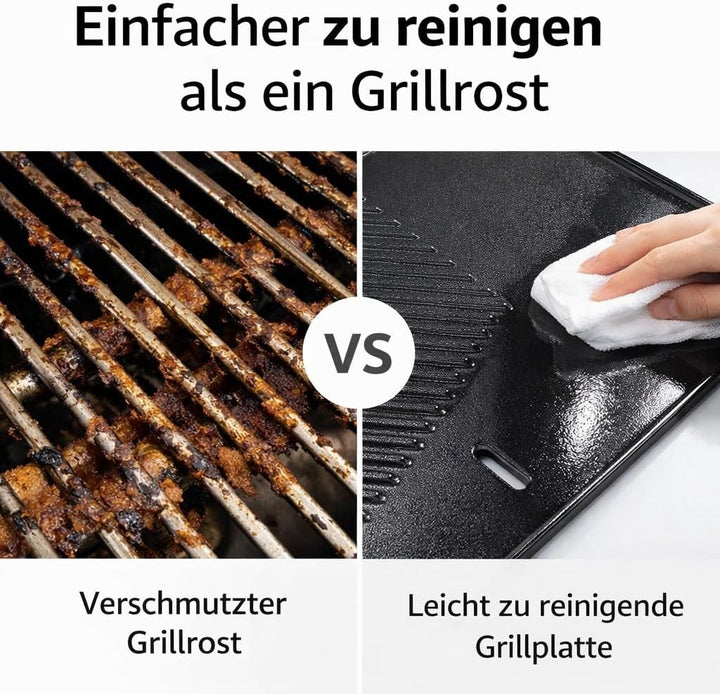 DRULINE- Grillplatte aus Gusseisen, geriffelt & glatt, Emaille-Beschichtung, beidseitig verwendbar,
