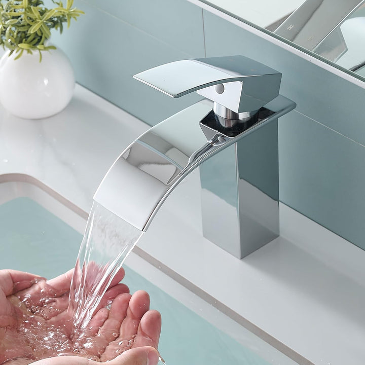 Fransiton Wasserhahn Bad, Wasserfall Waschtischarmatur mit Auslauf Höhe 60MM, Einhebelmischer für Ka