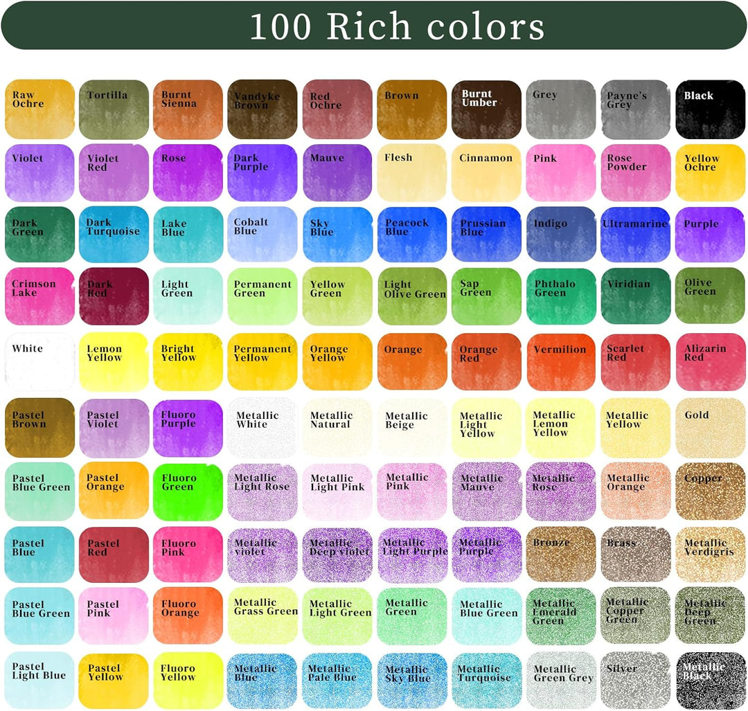 Artecho Aquarellfarben Set 100 Farben in Tragbarer Box, Mit Pinsel und Aquarellpapier, Aquarell für
