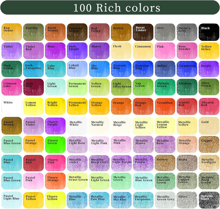 Artecho Aquarellfarben Set 100 Farben in Tragbarer Box, Mit Pinsel und Aquarellpapier, Aquarell für