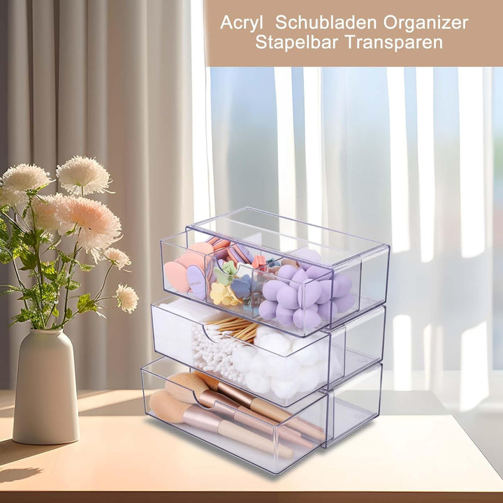 Badezimmer Organizer Mini mit Schubladen 3 Set, aus Acrylic stapelbar Transparent,für Kommode Wascht