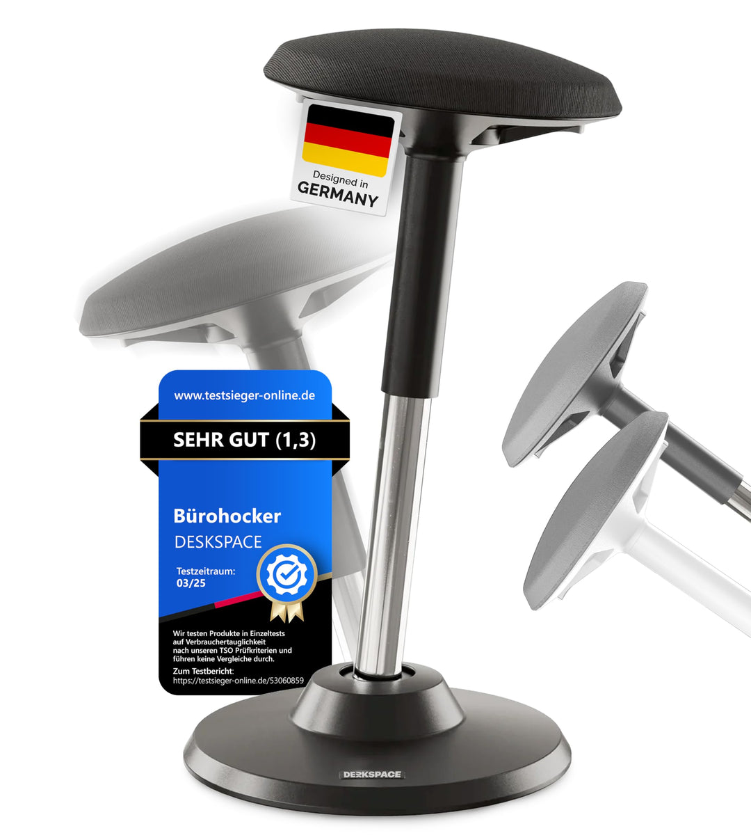 Motion Sitzhocker - Stehhocker höhenverstellbar, ergonomischer Hocker bis 140kg mit CushCloud-Polste