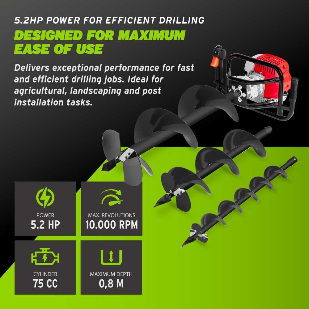 GREENCUT GD750X-3S - Benzin-Erdbohrer 75cc 5.2hp, 2-Takt-Motor, mit 3 Stahlbohrern 100/150/200mm, ma