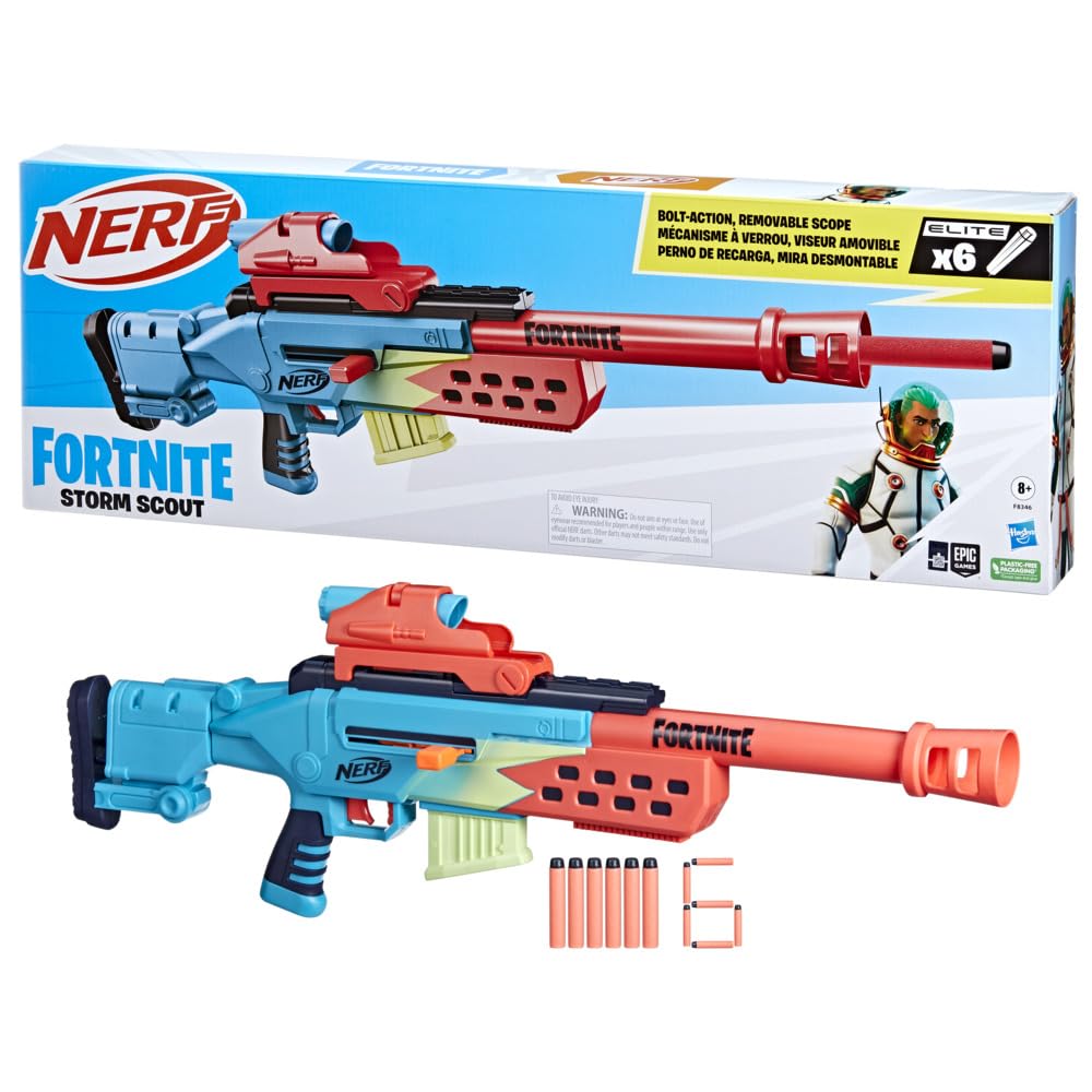 Nerf Fortnite Storm Scout Blaster, Nerf Fernrohr, 6-Dart Clip-Magazin, 6 Nerf Elite Darts, Bolzen-Ac
