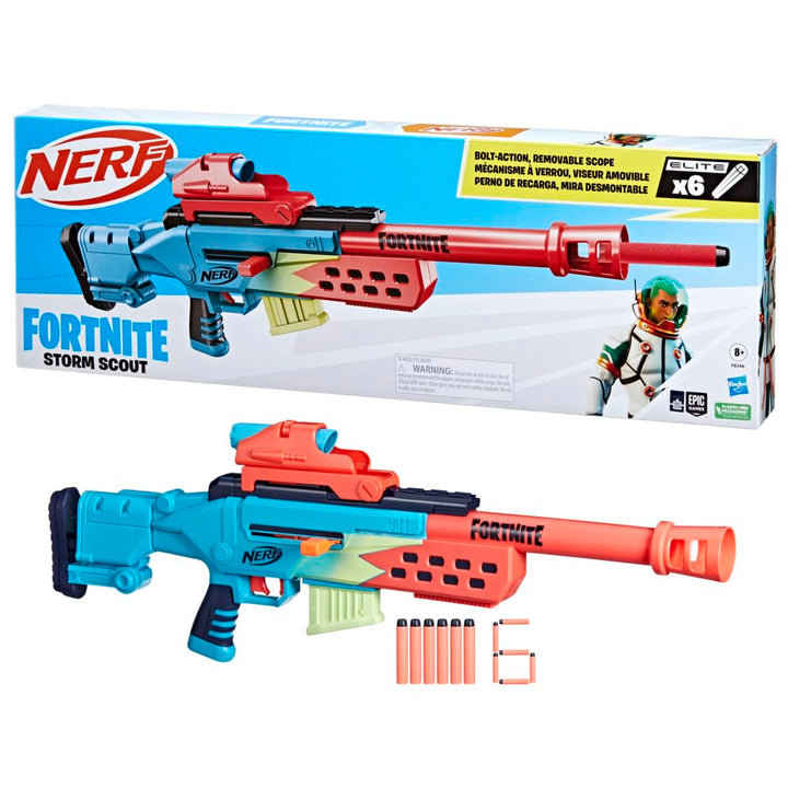 Nerf Fortnite Storm Scout Blaster, Nerf Fernrohr, 6-Dart Clip-Magazin, 6 Nerf Elite Darts, Bolzen-Ac