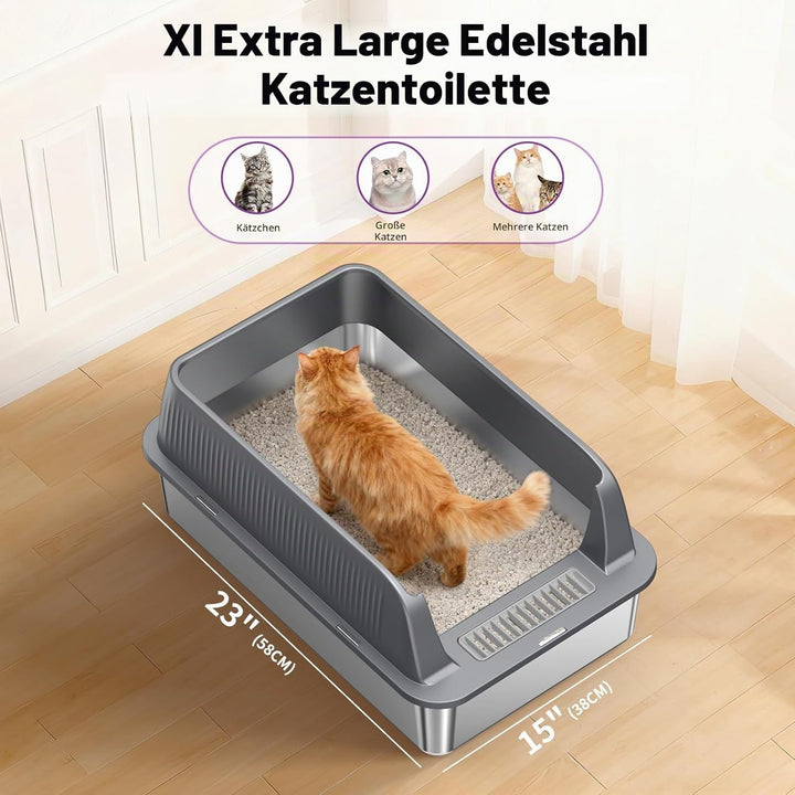 Edelstahl Offene Katzentoilette – extra grosse Katzentoilette mit hohen Seitenwänden für grosse Katz