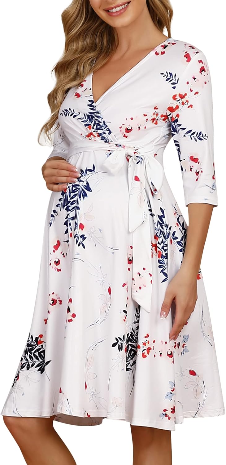 KOJOOIN Damen Umstandskleid Schwangerschafts Kleid für Schwangere Stillkleid V-Ausschnitt Langarm mi