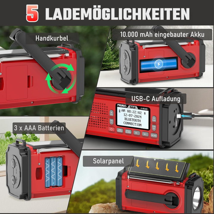 PRUNUS J-924D Digital Radio DAB+/UKW, Kurbelradio Notfall mit 10000mAh Akku, DAB Radio mit Bluetooth