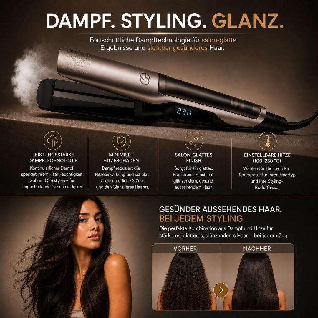 Glätteisen Locken Lockenstab und Glätteisen 2-in-1, Professionelles Haarglätter Dampf & 42mm Breite
