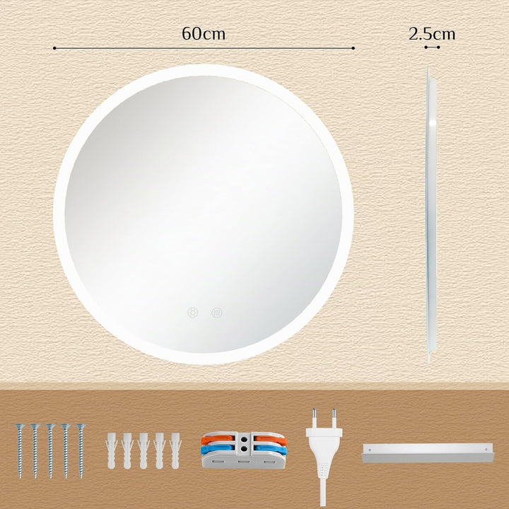 Clevich Badspiegel mit Beleuchtung rund 60 cm, LED Spiegel mit 3 Lichtfarben dimmbar, gehärtetes Gla