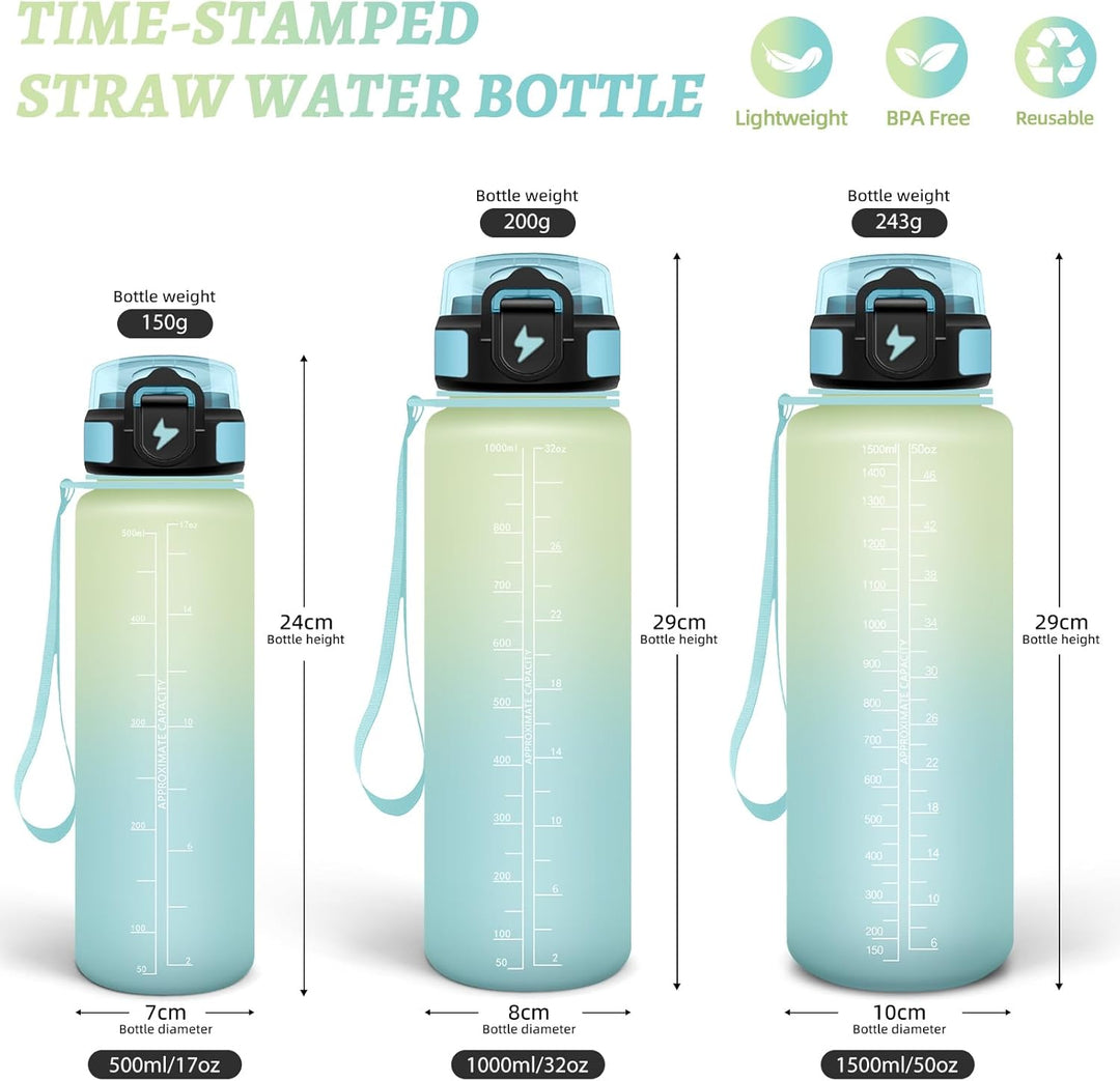 HoneyHolly Trinkflasche 1L, Auslaufsicher mit Zeitmarkierung, Wasserflasche, Sportflasche mit Filter