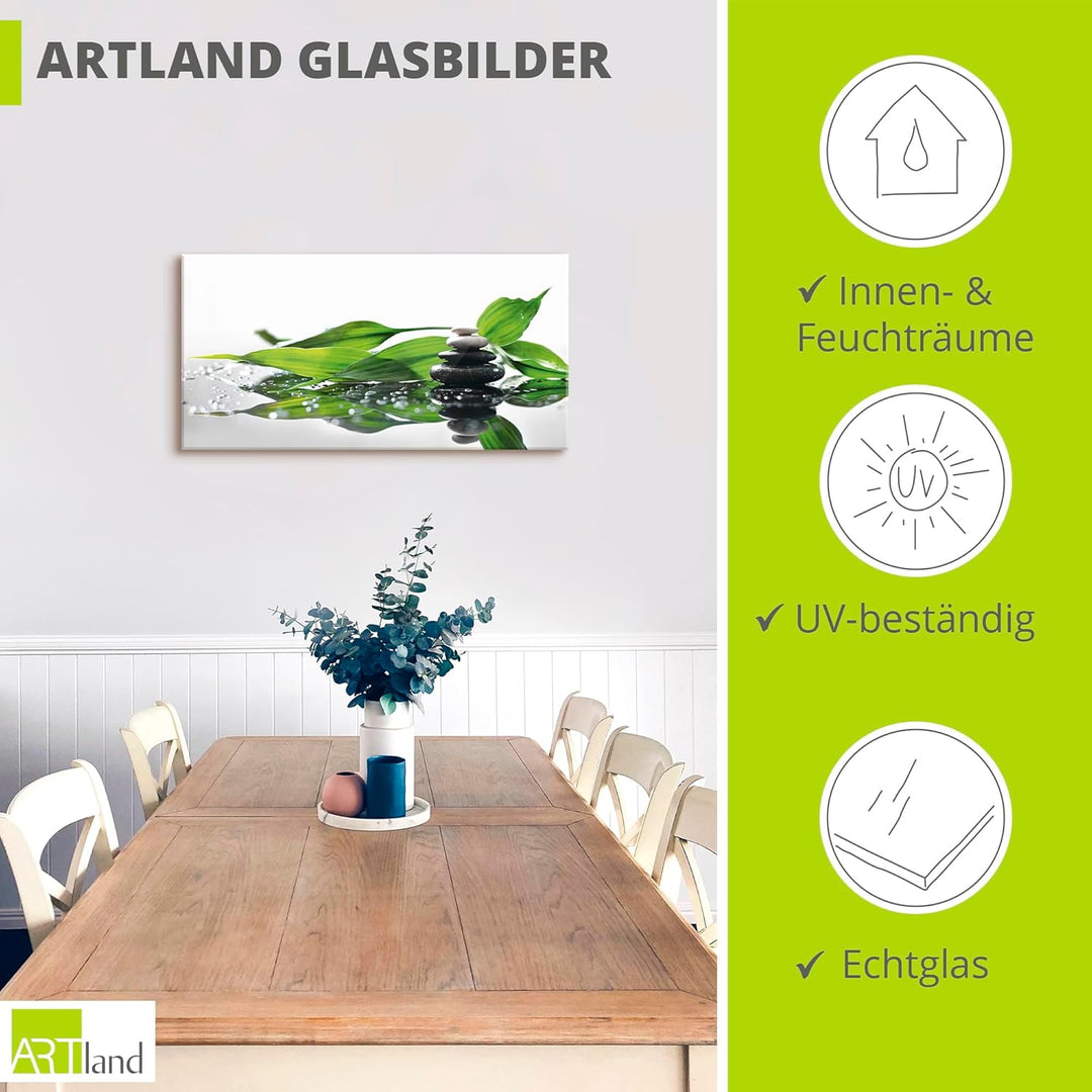ARTland Glasbilder Wandbild Glas Bild einteilig 60x30 cm Querformat Asien Wellness Zen Steine Spa Bl