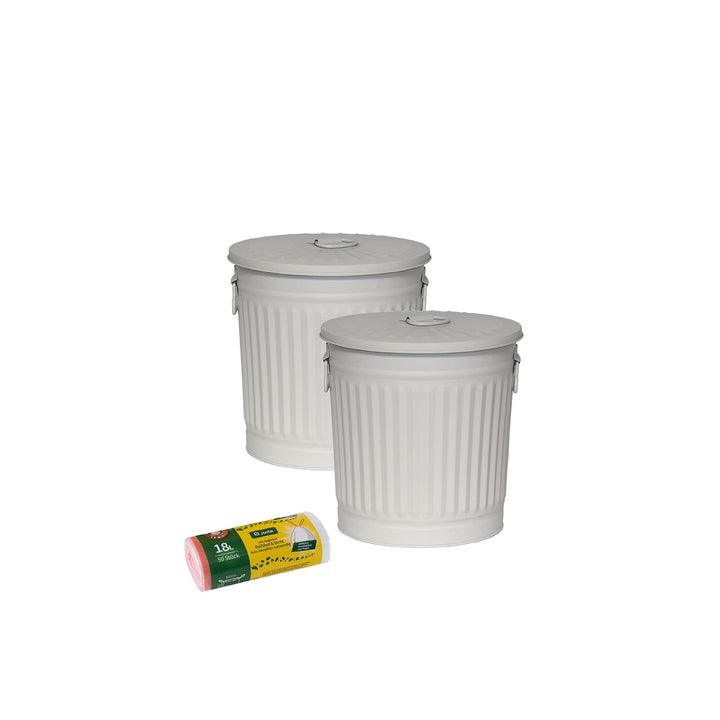 Jinfa 2er-Set Retrodesign Mülleimer mit Griffen und Deckel + 50 Müllbeutel | Grau | 18L
