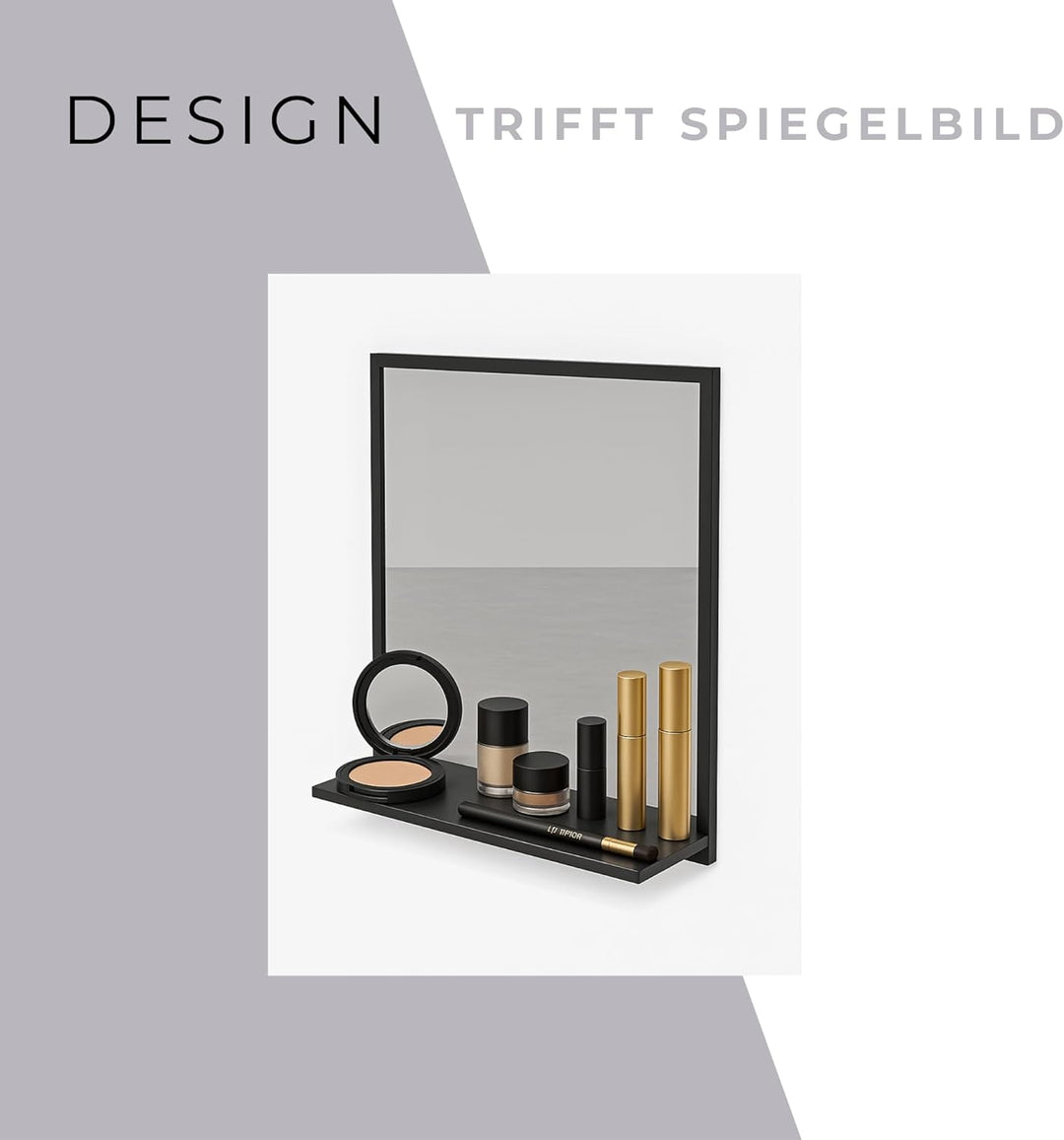 Badspiegel mit Ablage Schwarz - H:70 x B: 60 cm - Bathroom Mirror - Moderner Badezimmer Spiegel Rech
