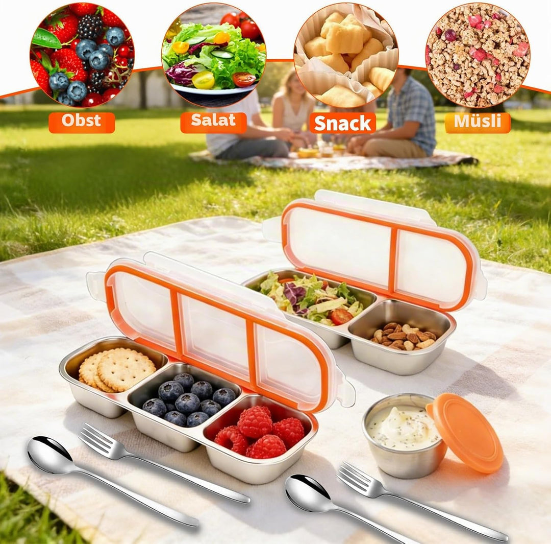 2 Stück Edelstahl Snackbox mit Fächern, wiederverwendbarer Snackbehälter mit luftdichtem Decke, ausl