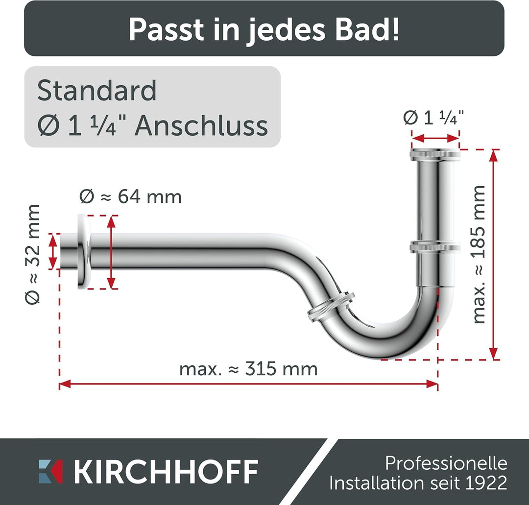 KIRCHHOFF Siphon Bidet, Siphon mit Abflussrohr und Tauchrohr passend für Bidets, Universal Syphon mi
