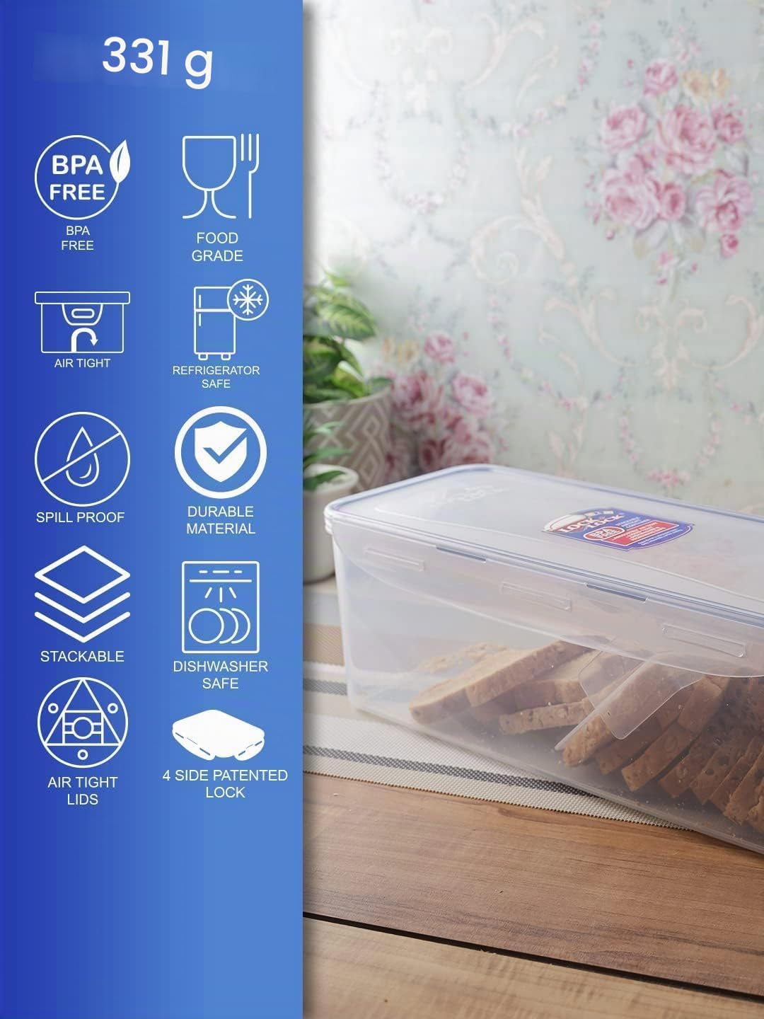 Lock & Lock Easy Essentials Frischhaltedosen, luftdicht, BPA-frei, Brotbox, 21,1 Tasse, transparent