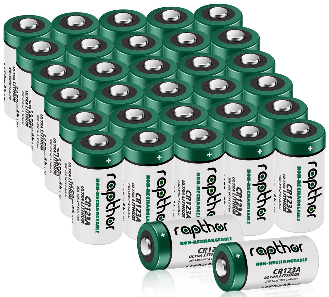 Rapthor CR123A 3V Lithium Batterie 32er Pack 1650mAh für Arlo Kamera, Polaroid, Taschenlampe, hohe K