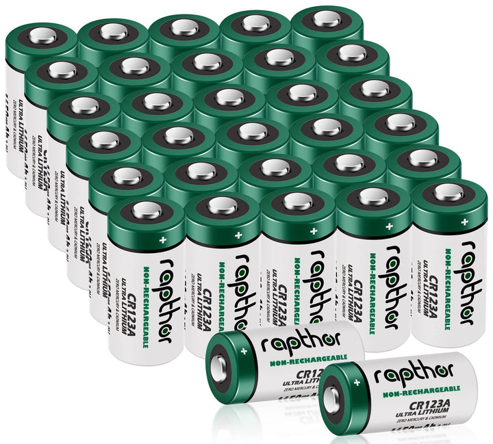 Rapthor CR123A 3V Lithium Batterie 32er Pack 1650mAh für Arlo Kamera, Polaroid, Taschenlampe, hohe K