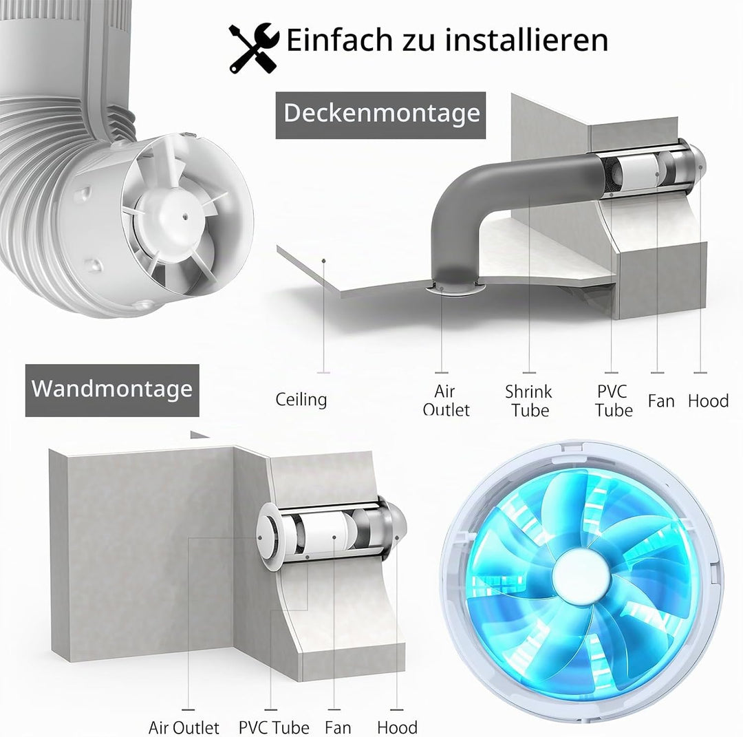 Kanal Rohrventilator 150mm Inline Abluftventilator 150mm, 305m³/h, Hohe Qualität, Leise, Rauchabzug