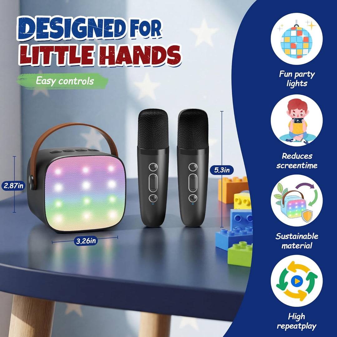 YLL Mini-Karaoke-Maschine für Kinder, tragbarer Bluetooth-Lautsprecher mit 2 kabellosen Mikrofonen,