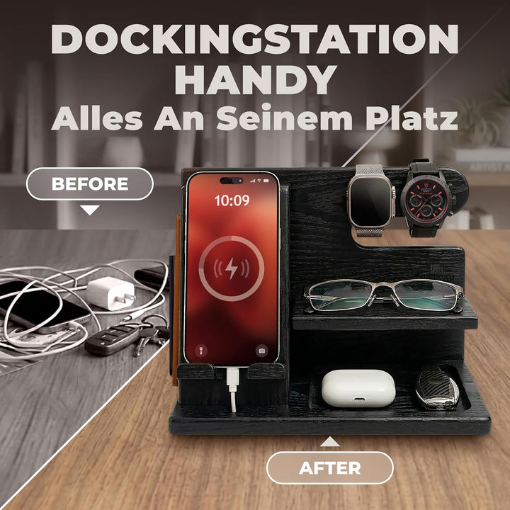 TESLYAR Holz Telefon Dockingstation Männer Esche Schwarz - Schreibtisch Organizer Holz, Handy &amp; Schl