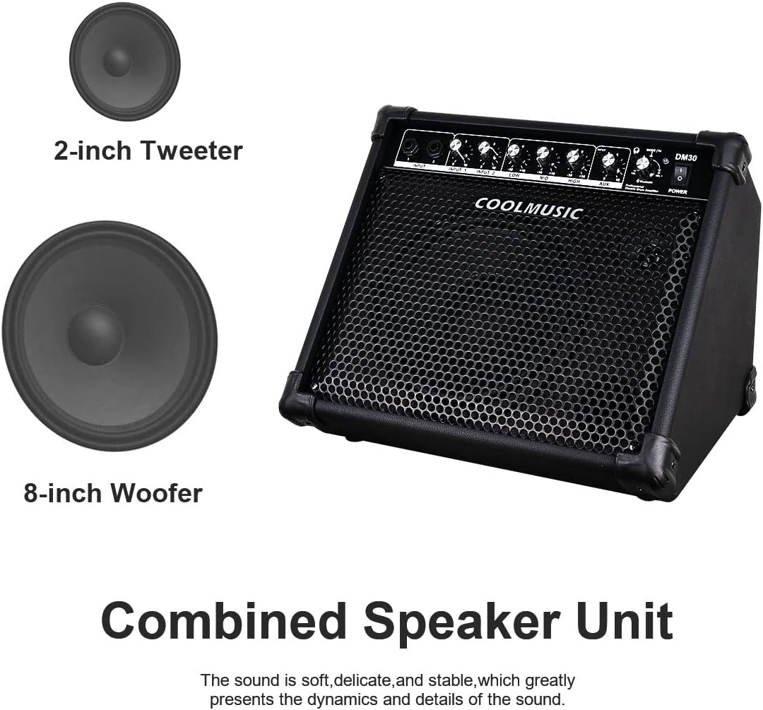 Coolmusic DM30 AMP 30 Watt Elektronischer Schlagzeugverstärker Keyboard-Verstärker mit Aux In und Bl