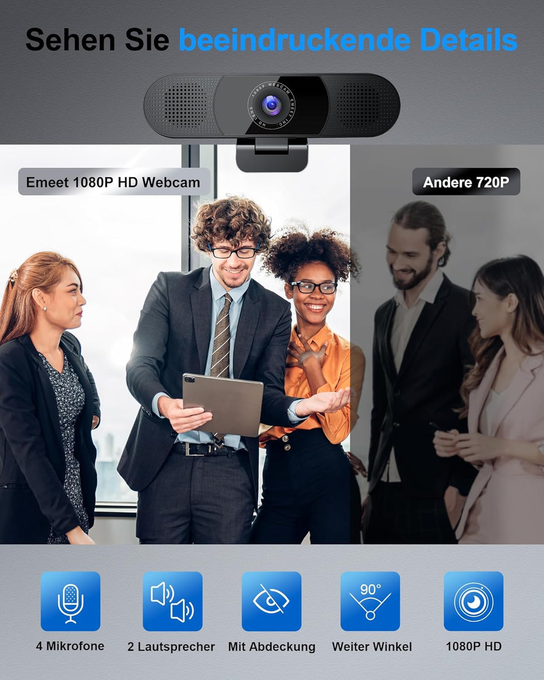 EMEET Webcam C980PRO, mit Mikrofon und Lautsprecher, mit Objektivabdeckung, 90 ° Sichtfeld, Autofoku