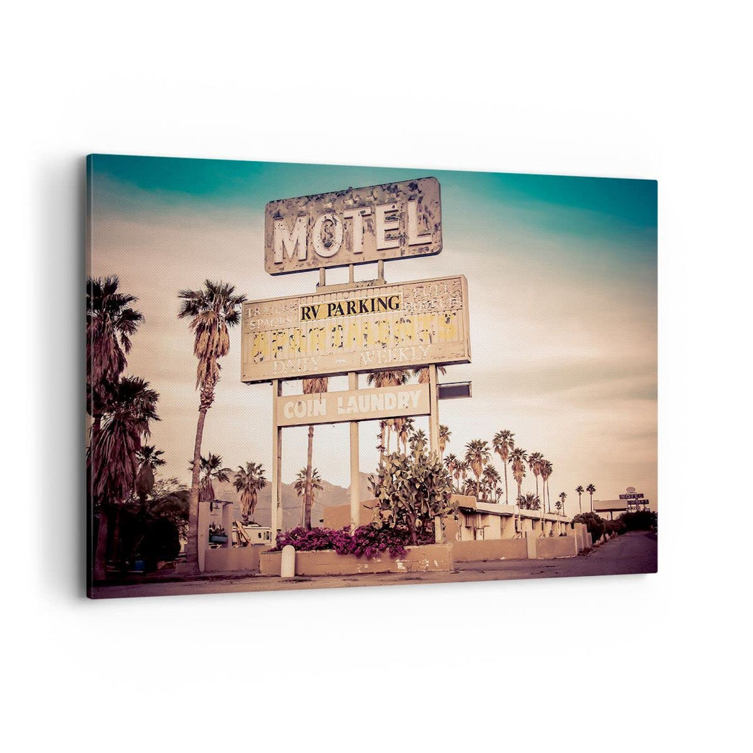 Bilder auf Leinwand 100x70cm Leinwandbild Amerika Motel Strasse Zeichen Gross Wanddeko Bild Schlafzi