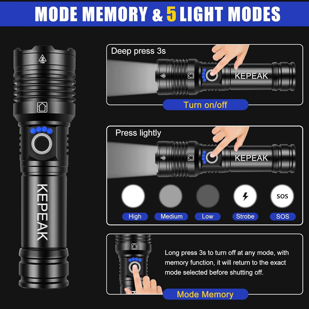 KEPEAK 5000 Lumen Led Taschenlampe Koffer-Set Ideal für Outdoor Camping, Extrem Hell Taschenlampe Le