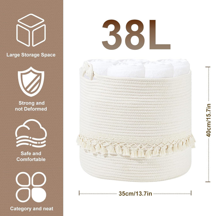 HDRNT Wäschekorb Geflochten aus Baumwolle,38L Wäschesammler mit Henkel,Pfandflaschen Aufbewahrung,Au