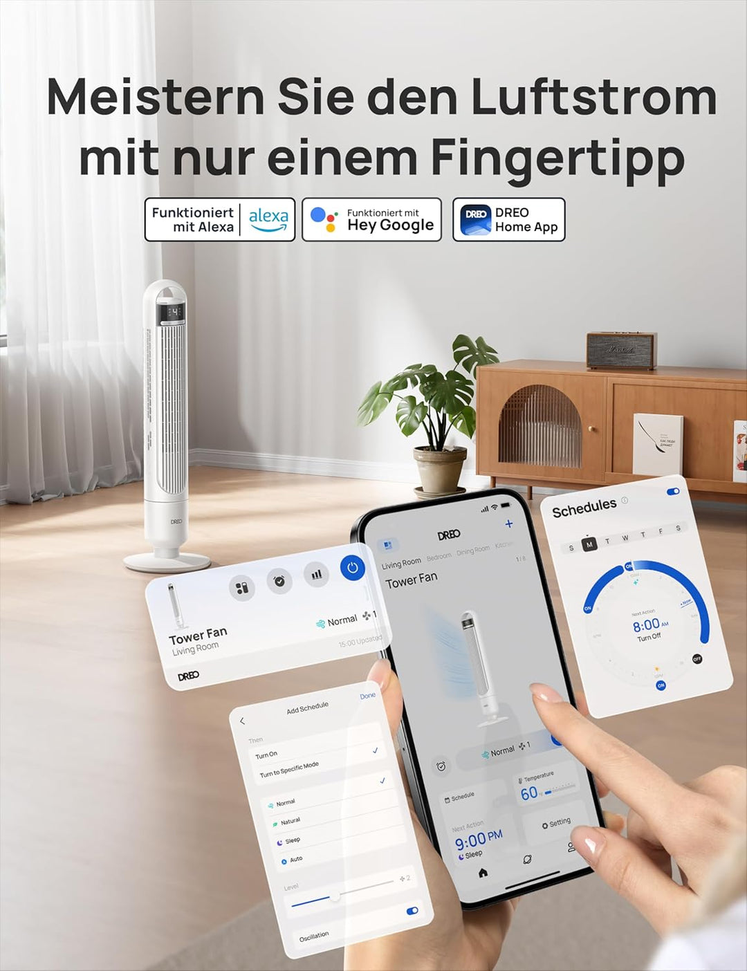 DREO Smart Turmventilator fürs Schlafzimmer, leiser Standventilator mit 28 dB, Luftreichweite bis 8,