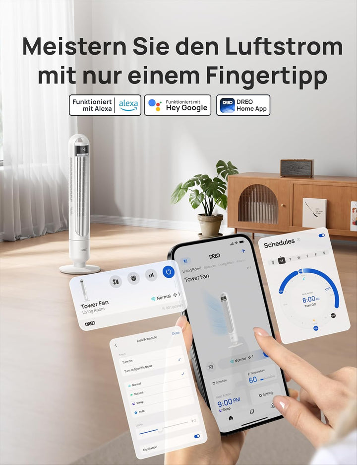 DREO Smart Turmventilator fürs Schlafzimmer, leiser Standventilator mit 28 dB, Luftreichweite bis 8,