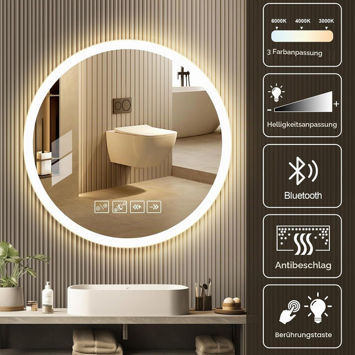 Viugreum 60cm Runder Badspiegel mit Beleuchtung, LED mit Bluetooth-Lautsprecher, Dimmbar 3 Lichtfarb