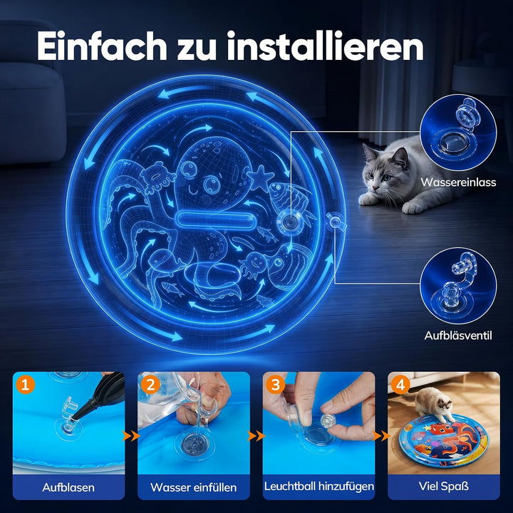Supet Sensorische Wassermatte Katze mit schwimmenden Fischen und 2 Spielbällen, Verdickte Kühlmatte