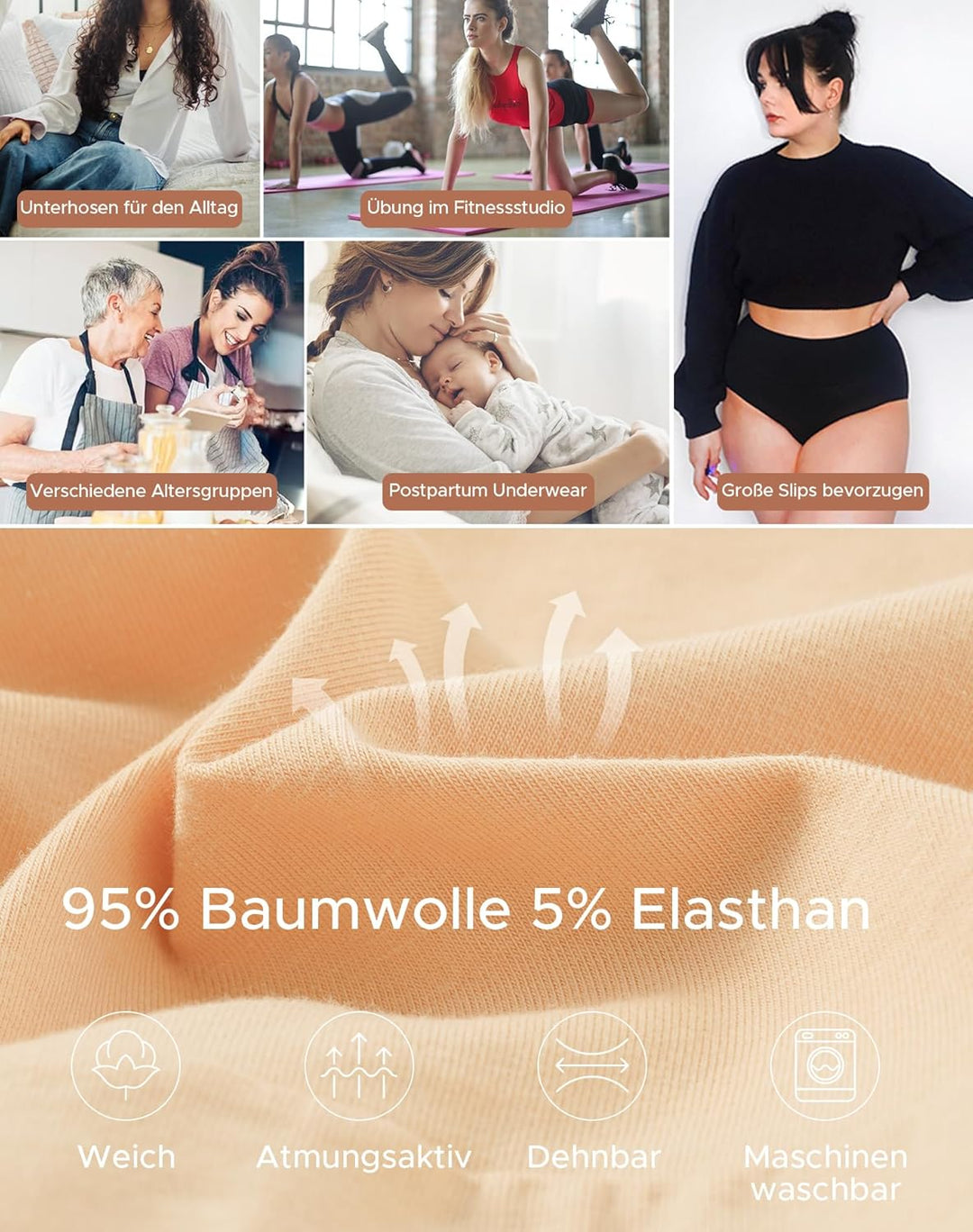 INNERSY Unterhosen Damen Baumwolle Stretch Slips Hohe Taille Weiche Unterwäsche Frauen 5er Pack L Sc