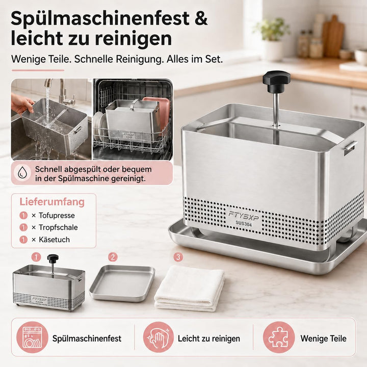 Tofupresse Edelstahl 304, verstellbare Tofu Presse mit Abtropfschale & Käsetuch, BPA-frei, spülmasch
