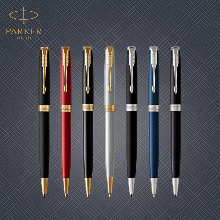Parker Sonnet Kugelschreiber | Edelstahl mit Goldzierteilen | Mittlere Spitze | schwarze Tinte | Ges