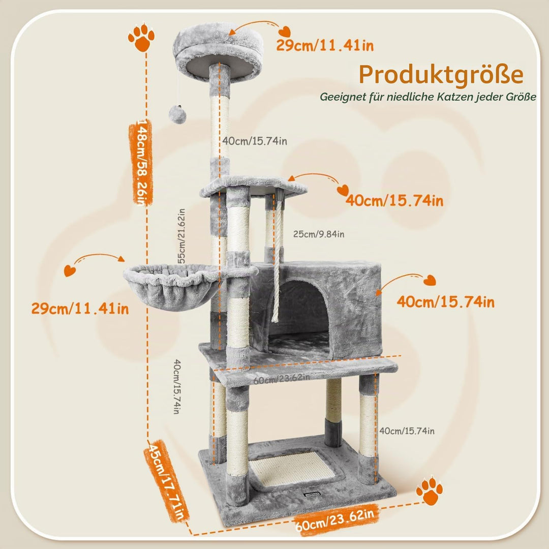 Nobleza Katzenbaum Kratzbaum Gross 148cm, Kletterturm mit 9 Sisal Säulen, 2 Plattformen, Hängematte
