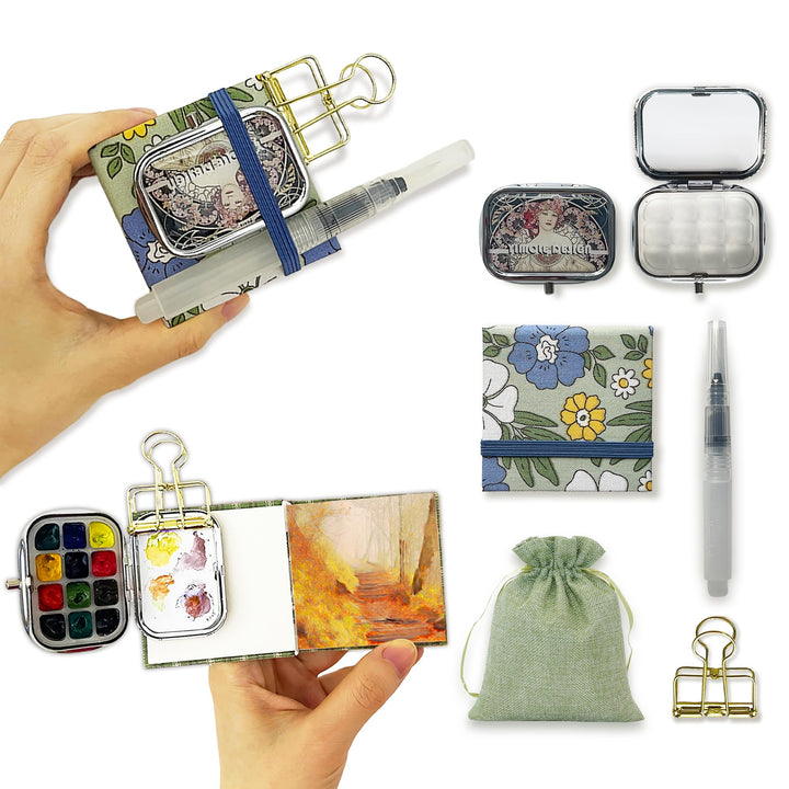 Mini Aquarell Set Unterwegs 12er Leerpalette, 6x6 cm Mini Skizzenbuch 300g/m², Wassertankpinsel & Me
