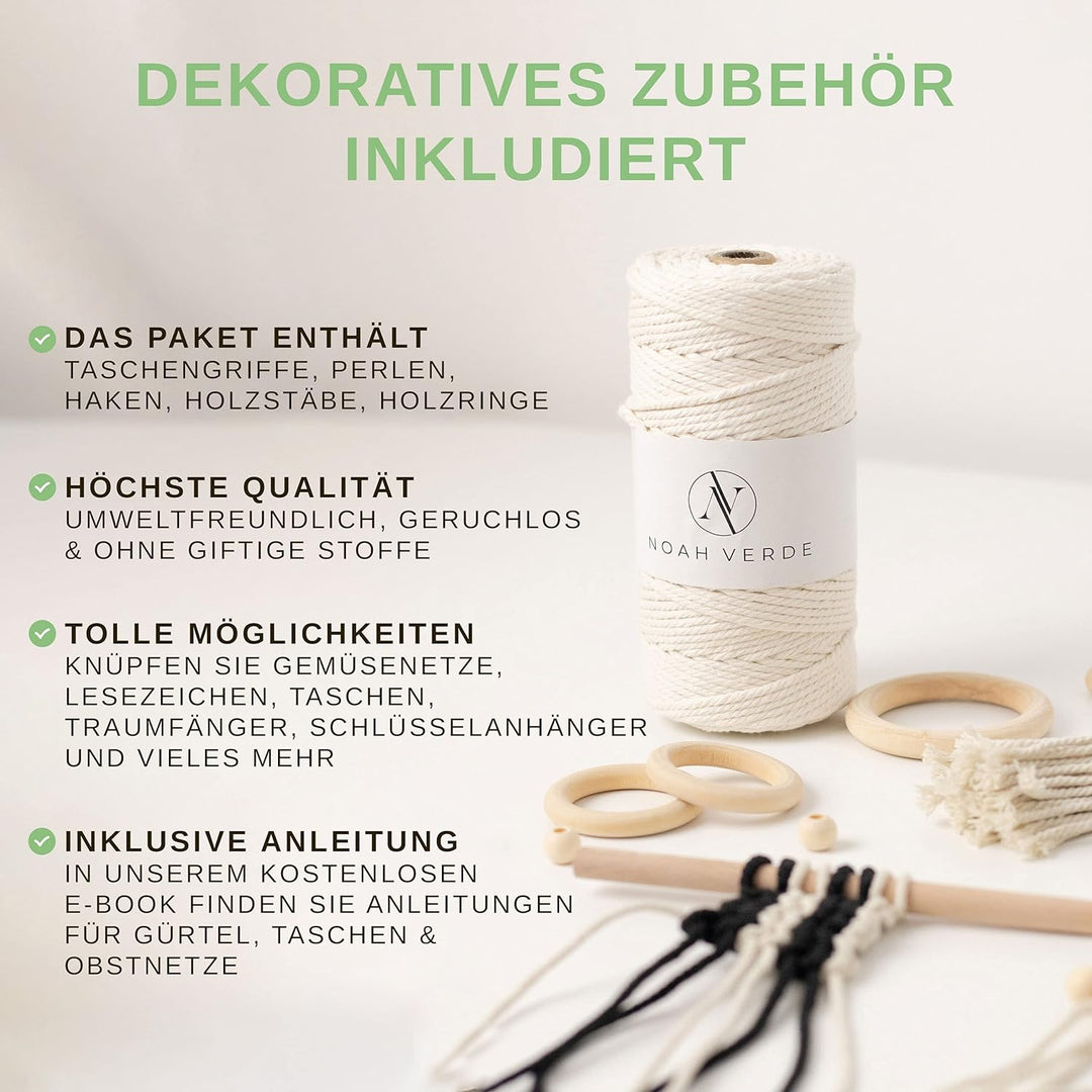 NOAH VERDE Makramee Set für Anfänger mit Anleitung: Tasche/Gürtel/Netz, Makramee Garn 3mm x 100m Bei