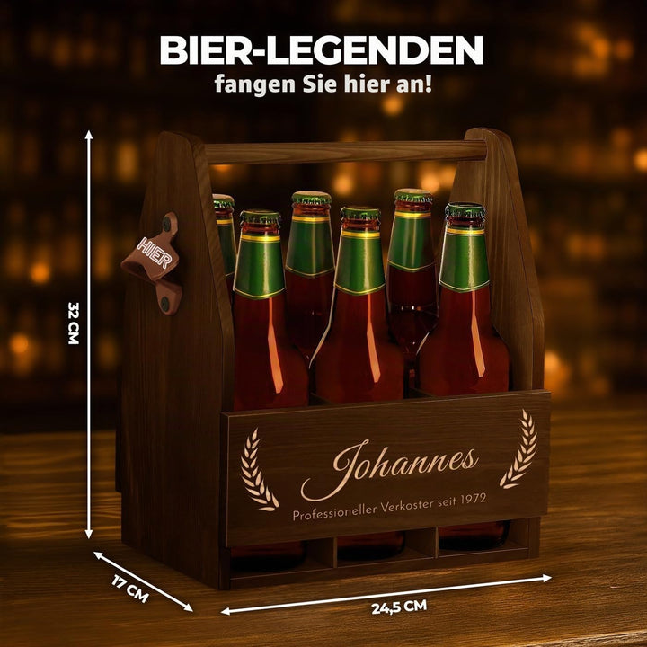 Maverton Bierträger für 6 Flaschen 0,5L + Gravur - Männerhandtasche mit Flaschenöffner - Grösse: 25x