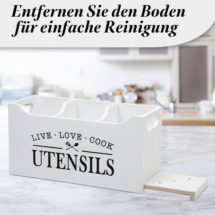 Karisky Kitchen Utensilhalter mit Entwässerungboden, grosse 3 Fächer solide Realholz -Utensilien Org