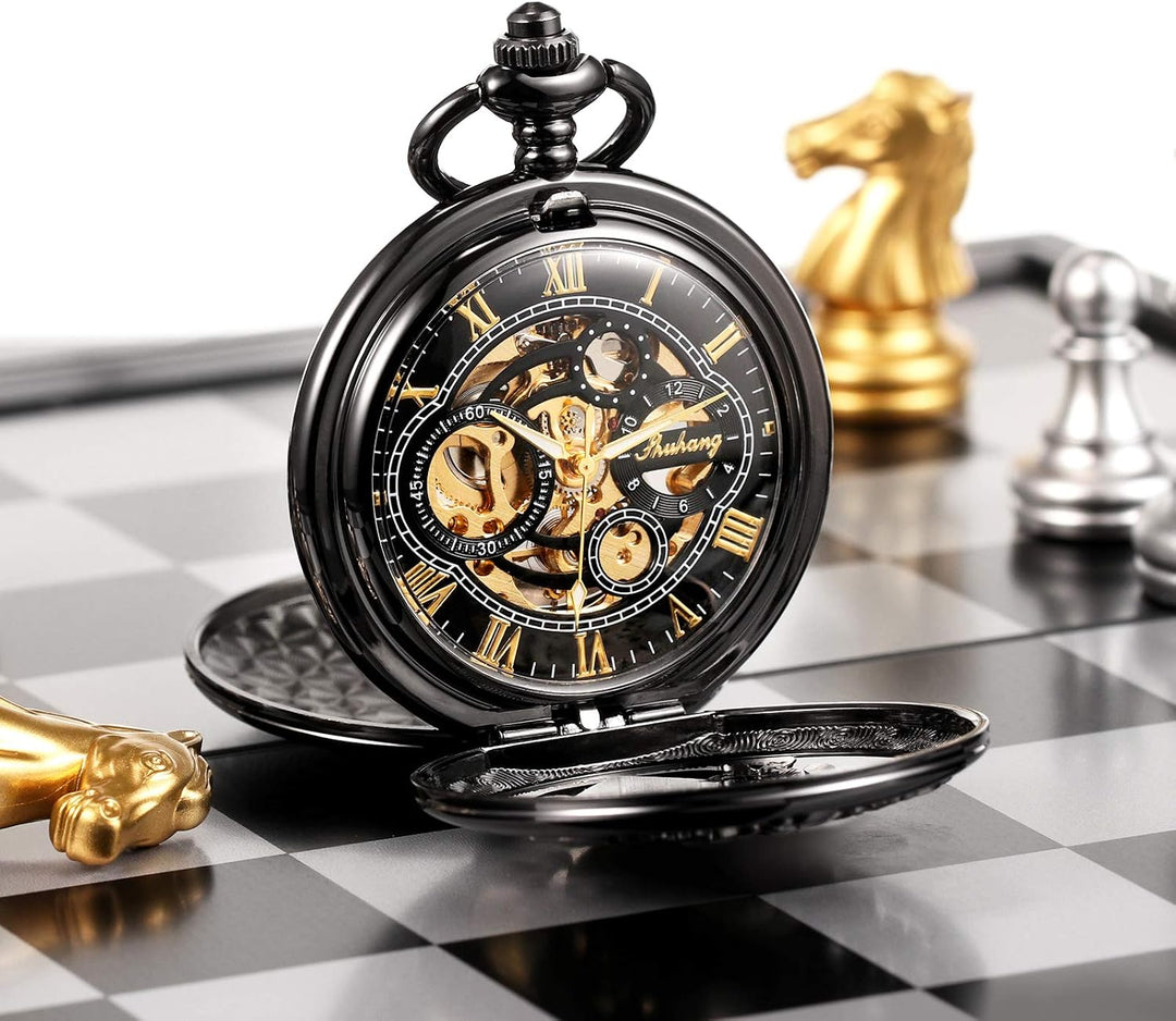 TREEWETO Unisex Taschenuhr Mechanisch Doppelter Abdeckung Vogelschild Skelett Steampunk Für Herren D