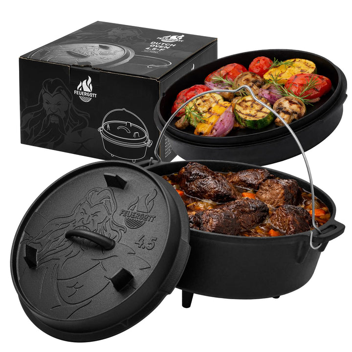 Dutch Oven 4,5L mit Füssen – Grosser Gusseisen Feuertopf für Glut, Feuerstelle, Outdoor Kochen, Camp