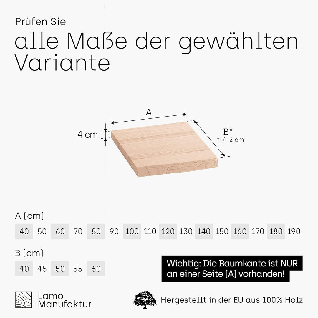 LAMO Manufaktur Waschtischplatte, Holzplatte Waschtisch Baumkante, 50x40 cm (AxB), Roh, ohne Montage