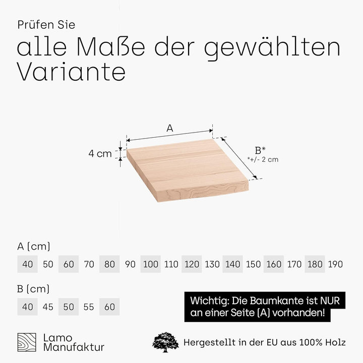 LAMO Manufaktur Waschtischplatte, Holzplatte Waschtisch Baumkante, 50x40 cm (AxB), Roh, ohne Montage